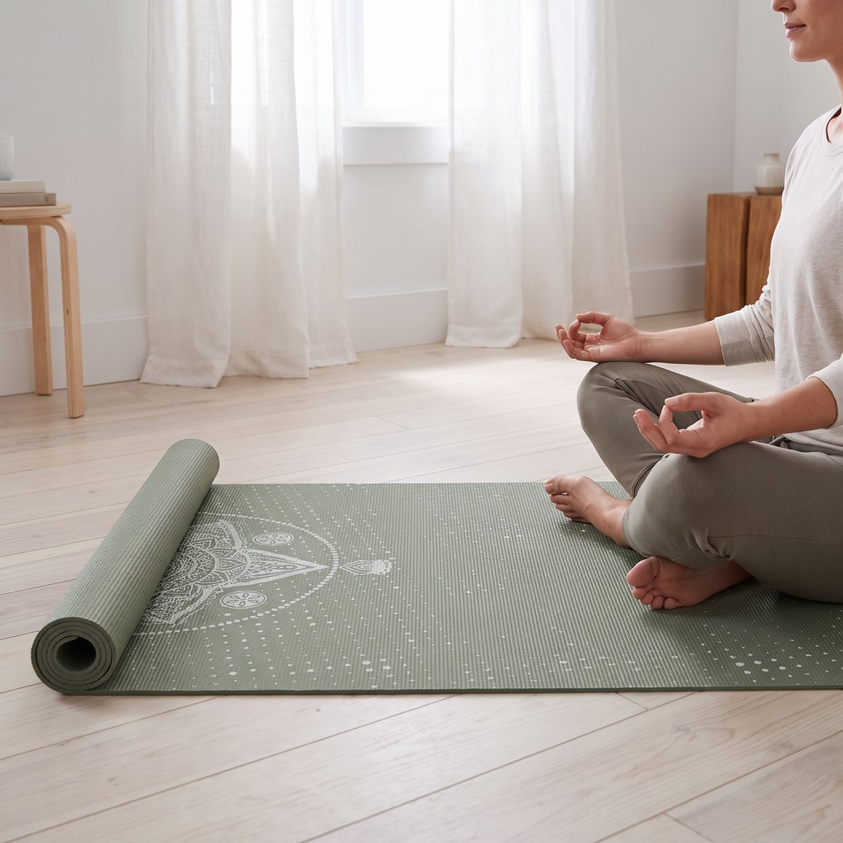 Grön yogamatta med vitt stjärnmönster på trägolv i ett svenskt sovrum, någon sitter och mediterar