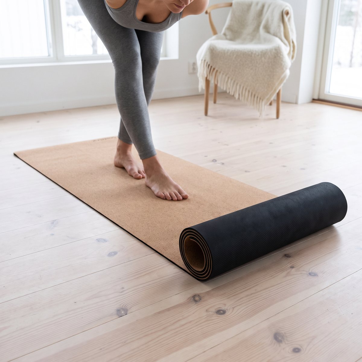 Yogamatta i kork med svart undersida på ljust golv i ett svenskt hem, någon står i en balansställning