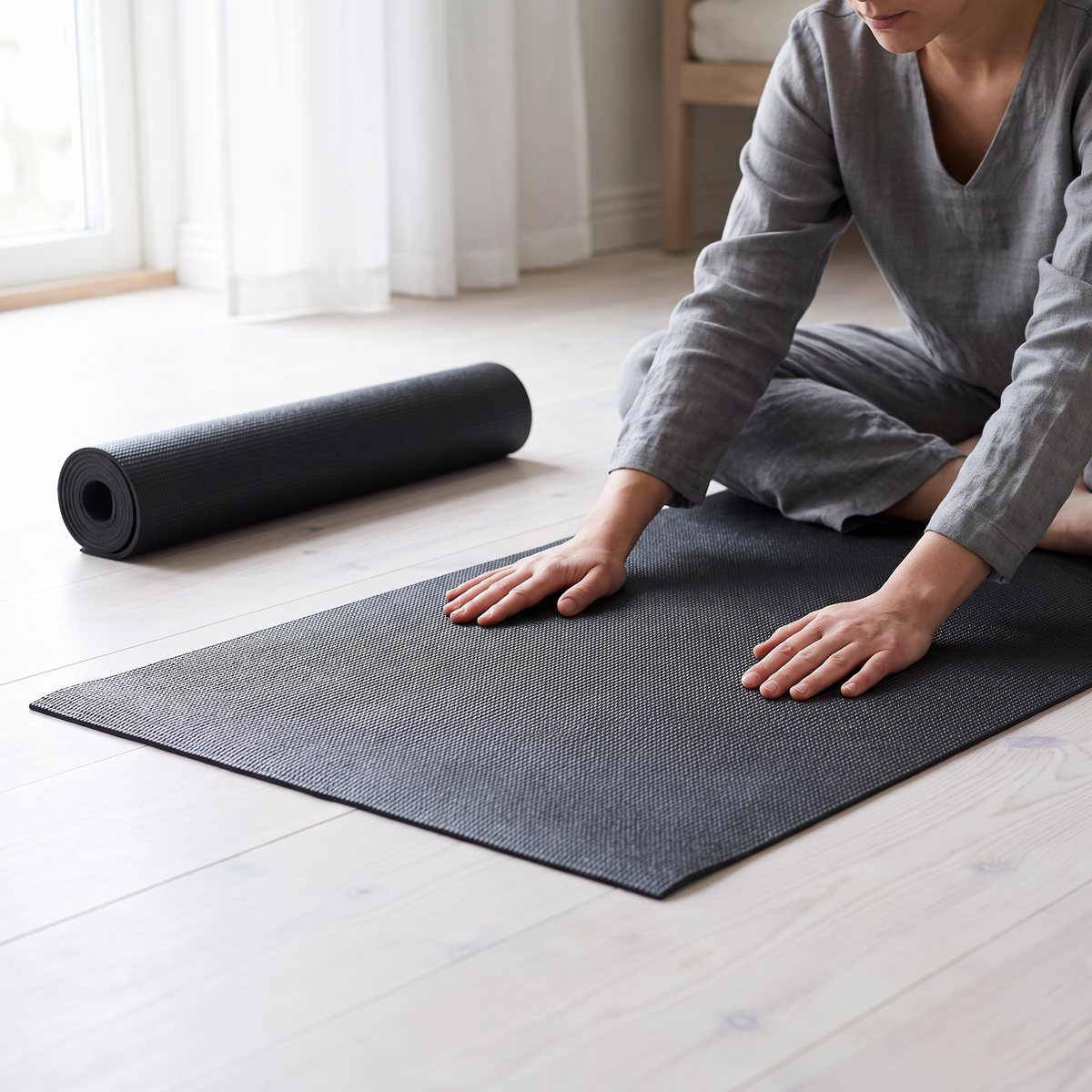 Svart yogamatta på ljust brädgolv i en svensk lägenhet, någon sitter i en framåtböjning
