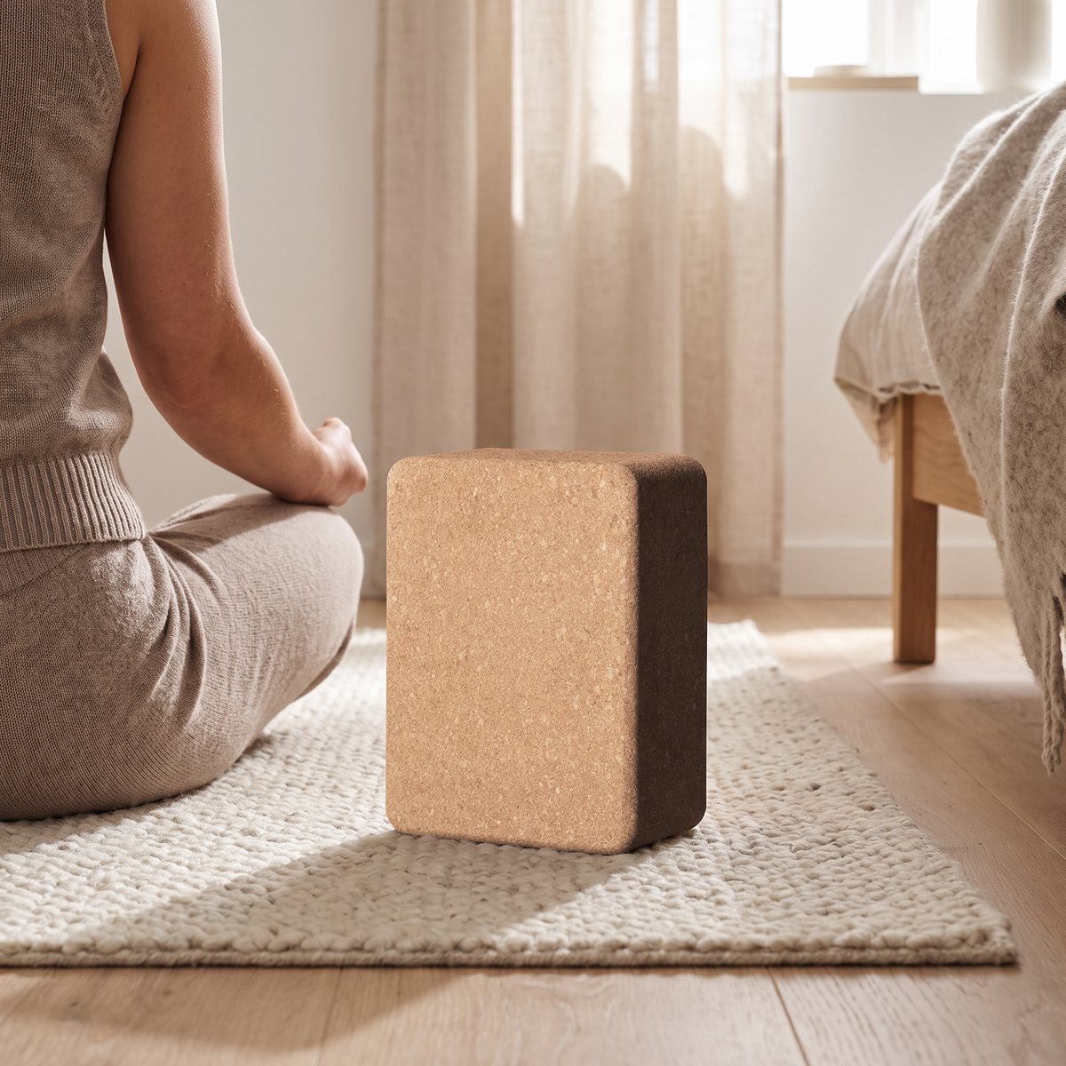 Casall korkblock som sittstöd under höfterna vid meditation i ett svenskt sovrum