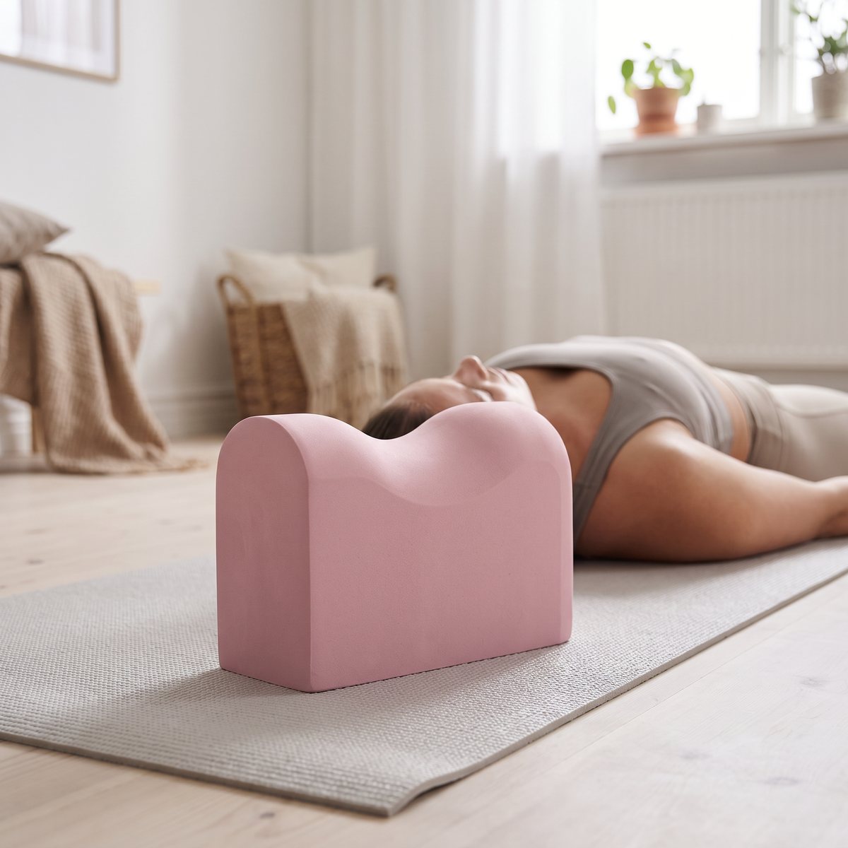Rosa Casall-block med vågformad ovansida som stöd under ryggen på yogamatta i en svensk lägenhet
