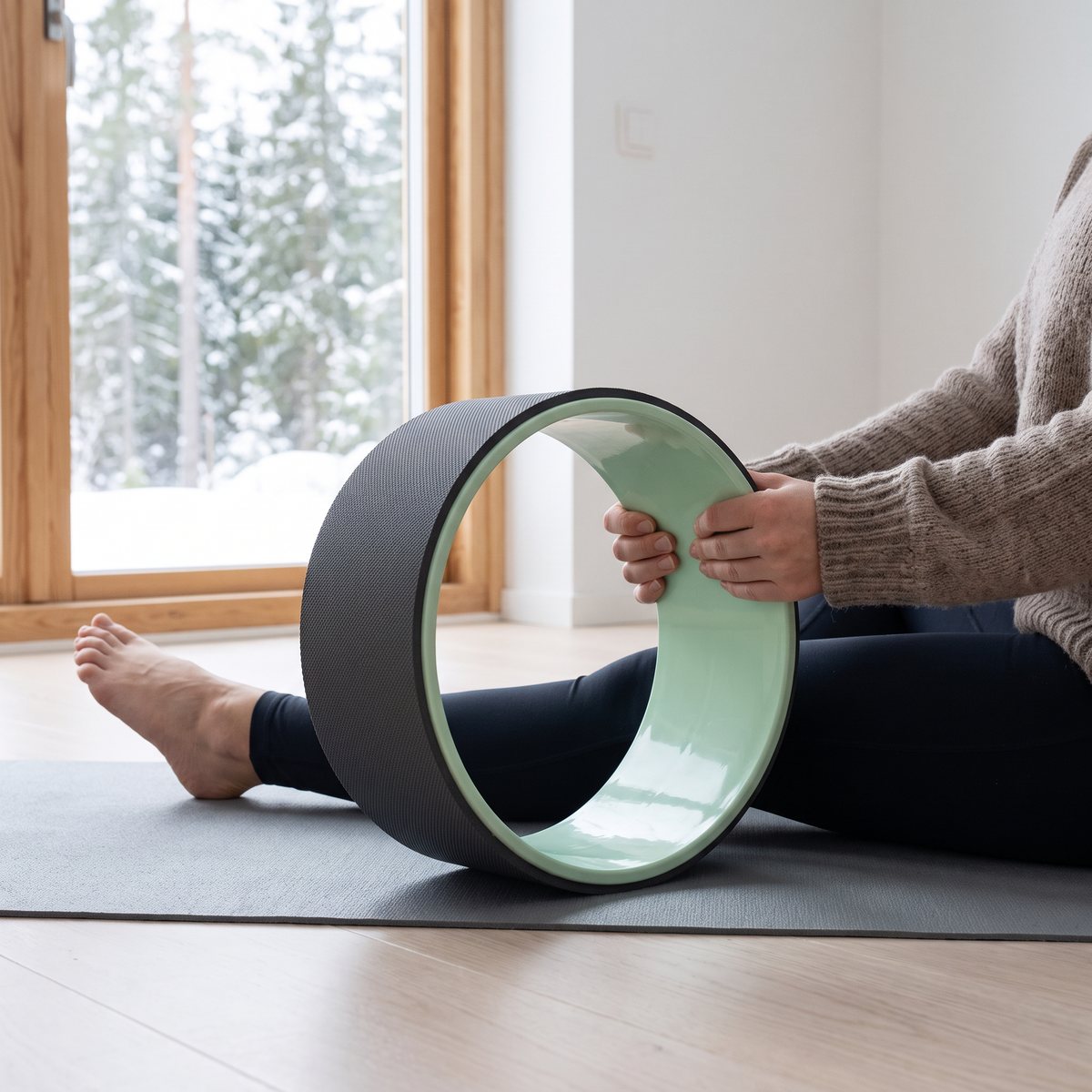 Grått yogahjul med mintgrön insida hållet i händerna av en person som sitter på en yogamatta i ett svenskt hem med snöig skog utanför