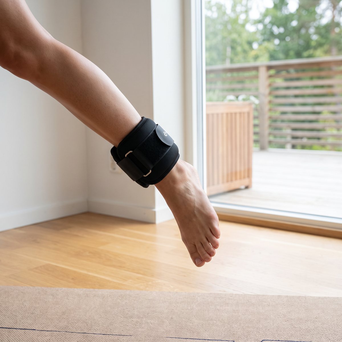 Svart neoprenmanschett från Abilica spänd runt en bar fotled vid benlyft på yogamatta i ett ljust svenskt vardagsrum