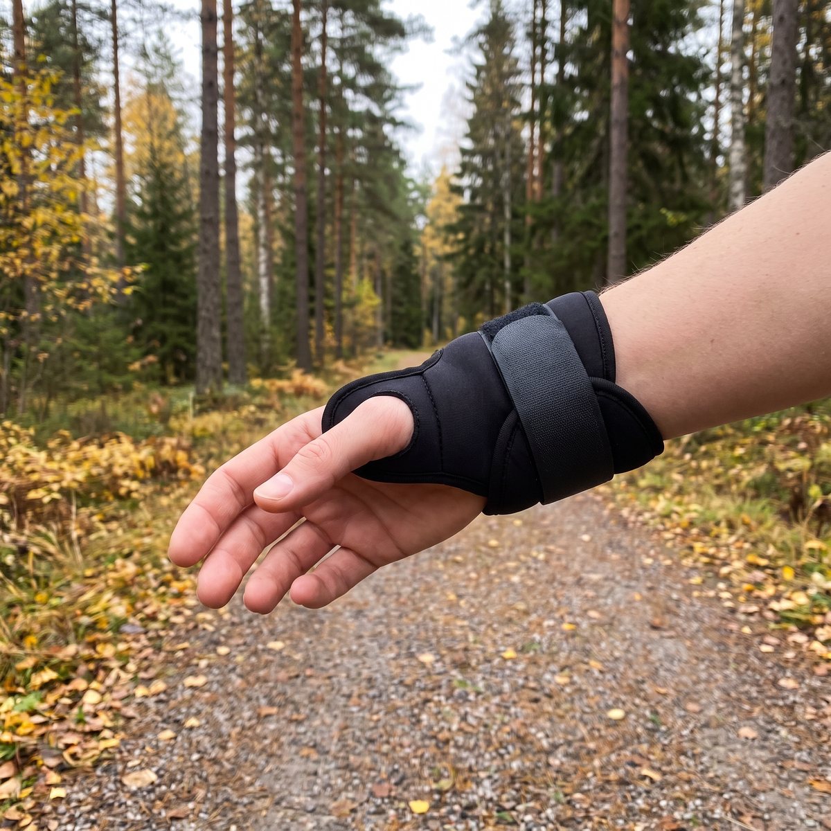 Casalls svarta handledsvikt med tumhål och brett kardborrband under en promenad på en grusväg i svensk tallskog på hösten