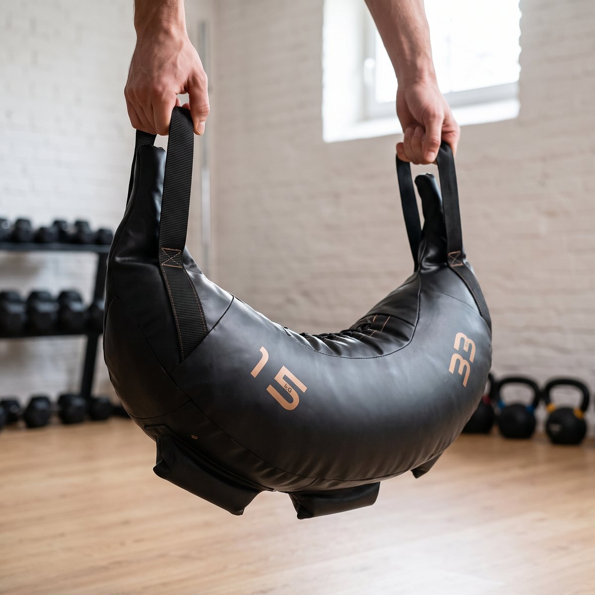 Svart Bulgarian Bag från inSPORTline lyfts i de höga handtagen i ett svenskt källargym