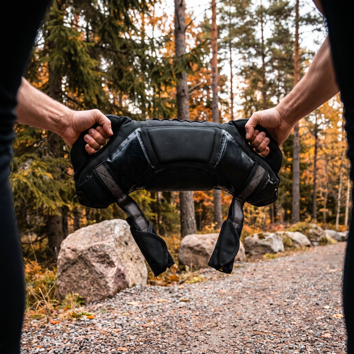 Svart Powerwave Terrain Super hålls i handtagen på en grusväg i svensk tallskog på hösten
