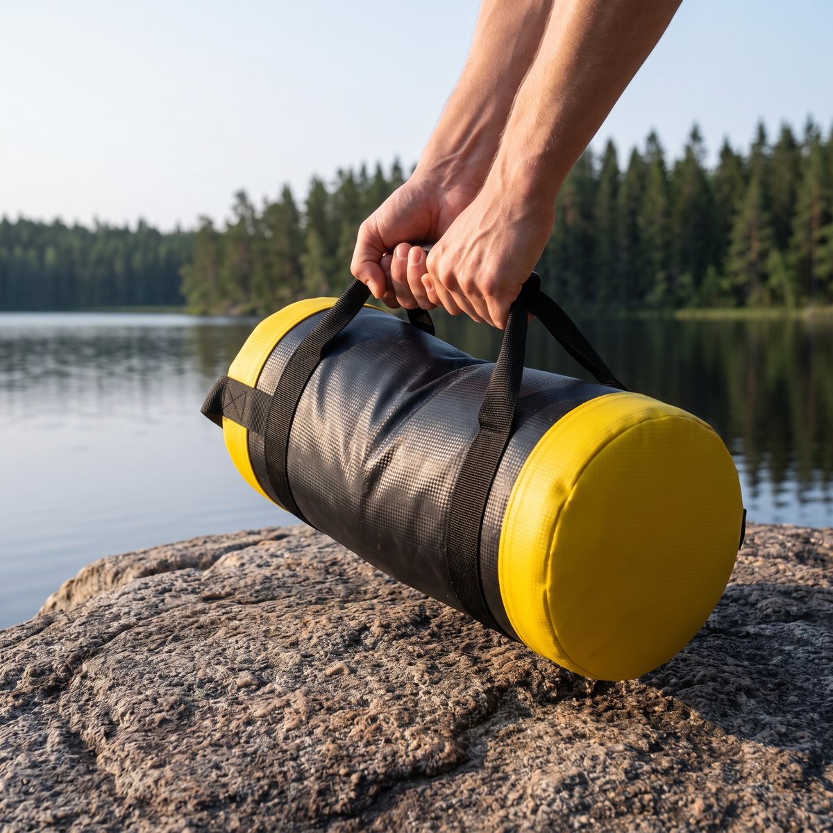 Gul och svart FitNord Powerbag lyfts i handtaget på en granithäll vid en svensk sjö