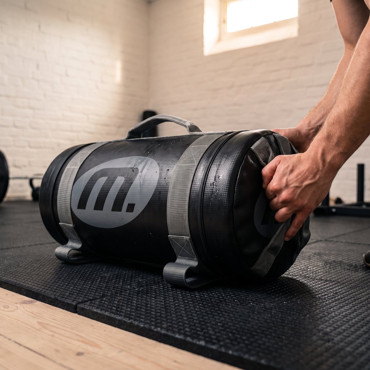 Svart Master Fitness Powerbag Carbon med grå handtag på gummimatta i ett svenskt källargym