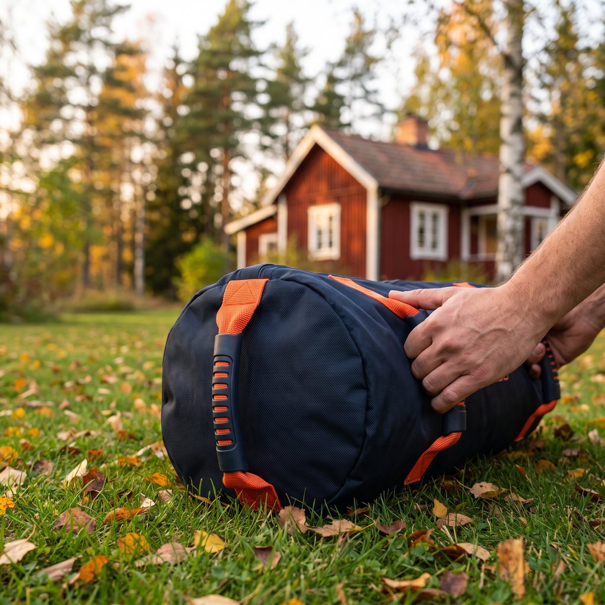 Marinblå Sveltus justerbar power bag med orange handtag på en gräsmatta vid en röd stuga