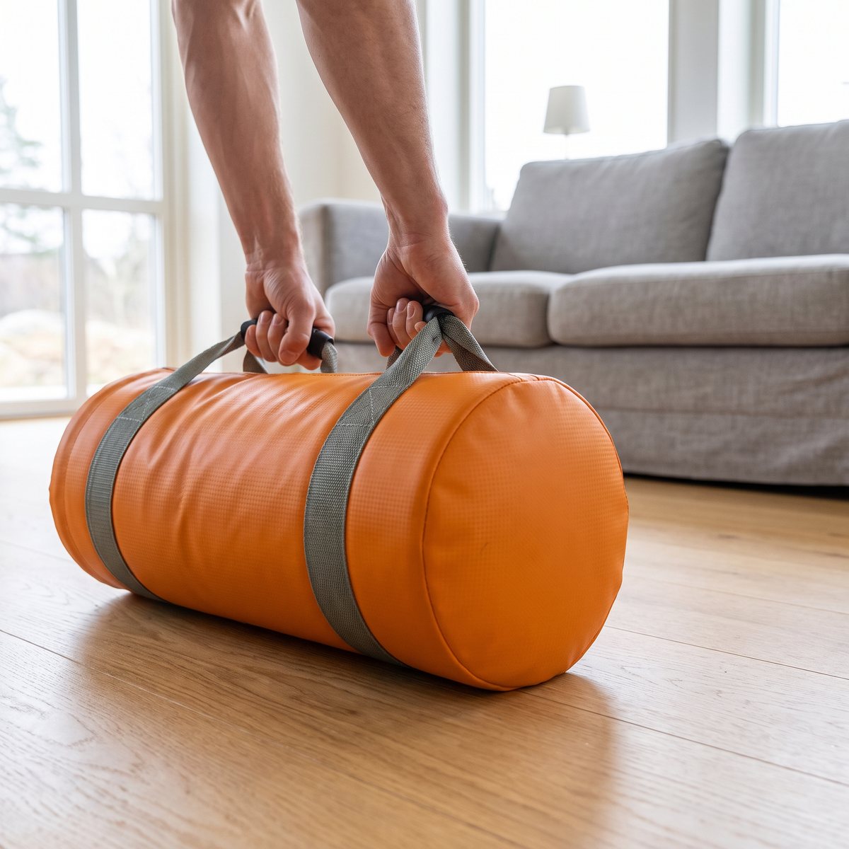 Orange Tunturi PowerBag lyfts i marklyft på trägolv i ett svenskt vardagsrum