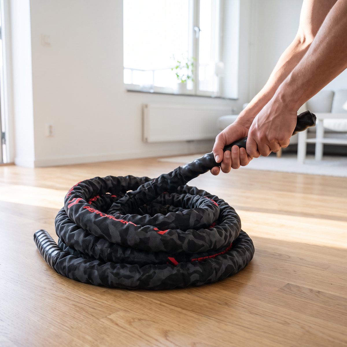 Gymstick battle rope med överdrag ihoprullat på ett ekparkettgolv i en svensk lägenhet