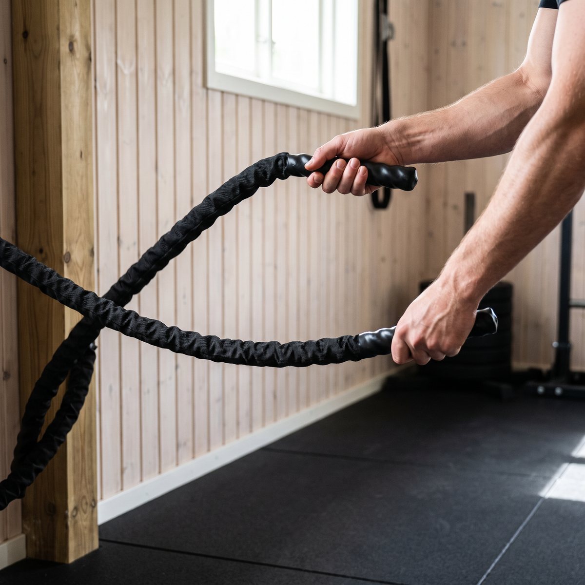 Master Fitness battlerope med nylonöverdrag och svarta gummihandtag, i användning i ett svenskt hemmagym med panelvägg