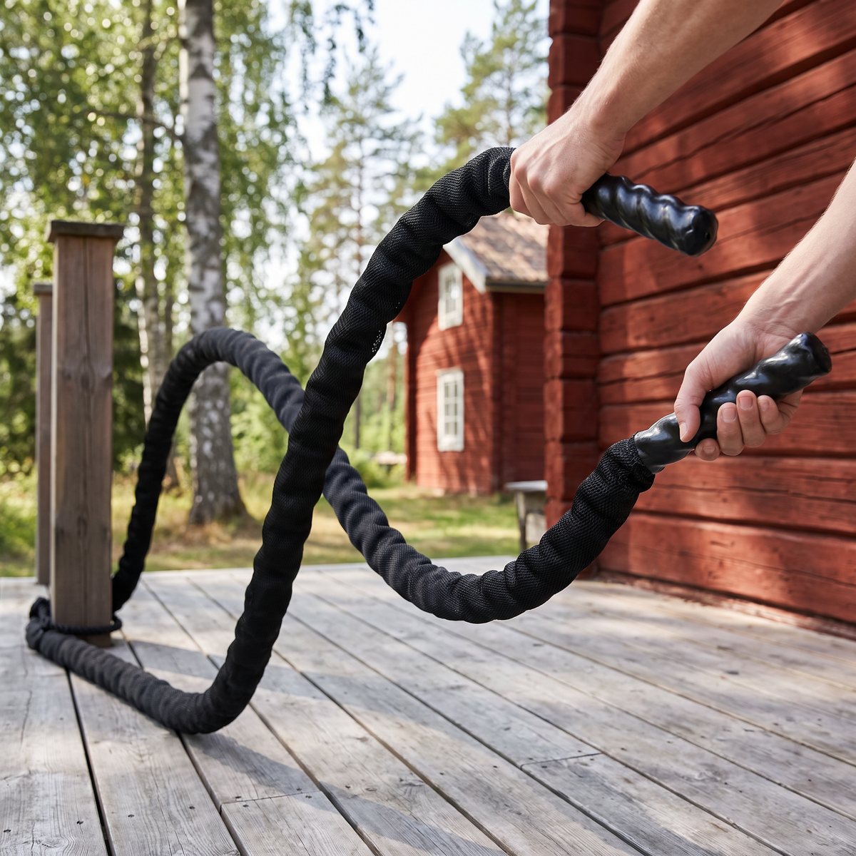 Nordic Fighter battlingrope med nätöverdrag vid en rödmålad stuga med träaltan i Sverige