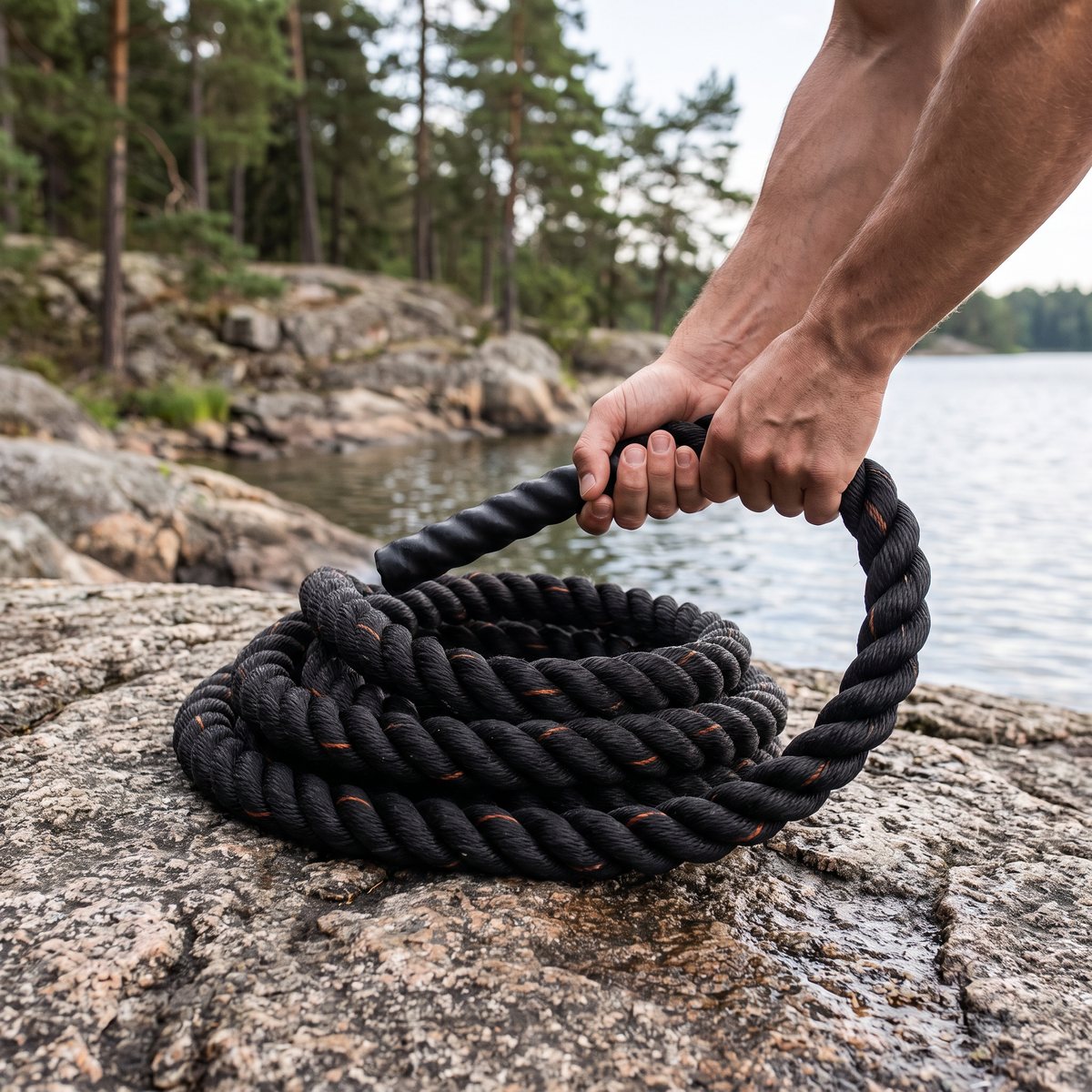 Sveltus battle rope i tvinnat svart rep på en granithäll vid en svensk sjö