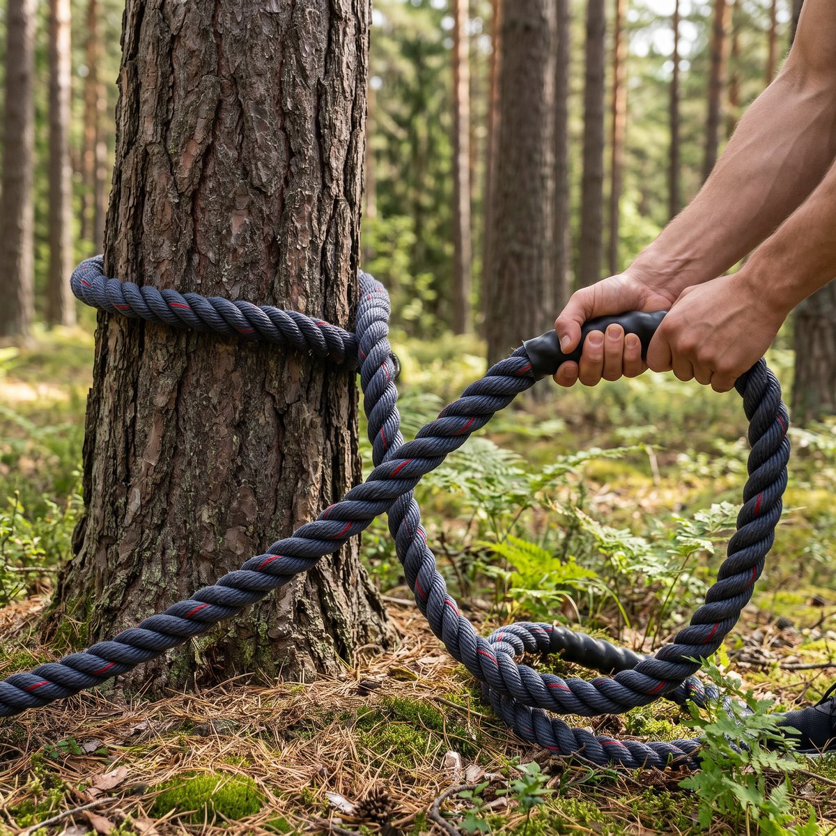 Tunturi battle rope i tvinnat rep runt en tallstam i en svensk skog, med händer som greppar repet