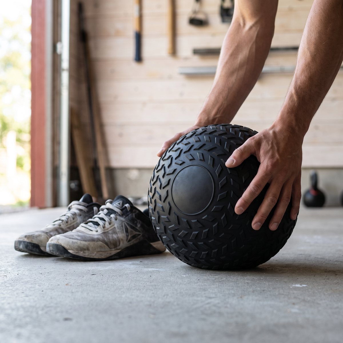 Svart slamball med mönstrad yta står på betonggolv i ett svenskt garagegym med ljus träpanel och träningsskor