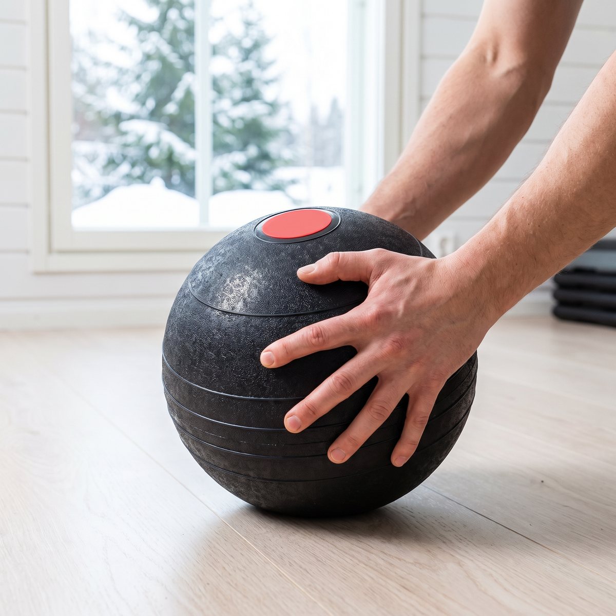 Mörk slamball med ränder och röd platta hålls med båda händerna på ljust trägolv i ett svenskt hemmagym med snöigt granträd utanför fönstret