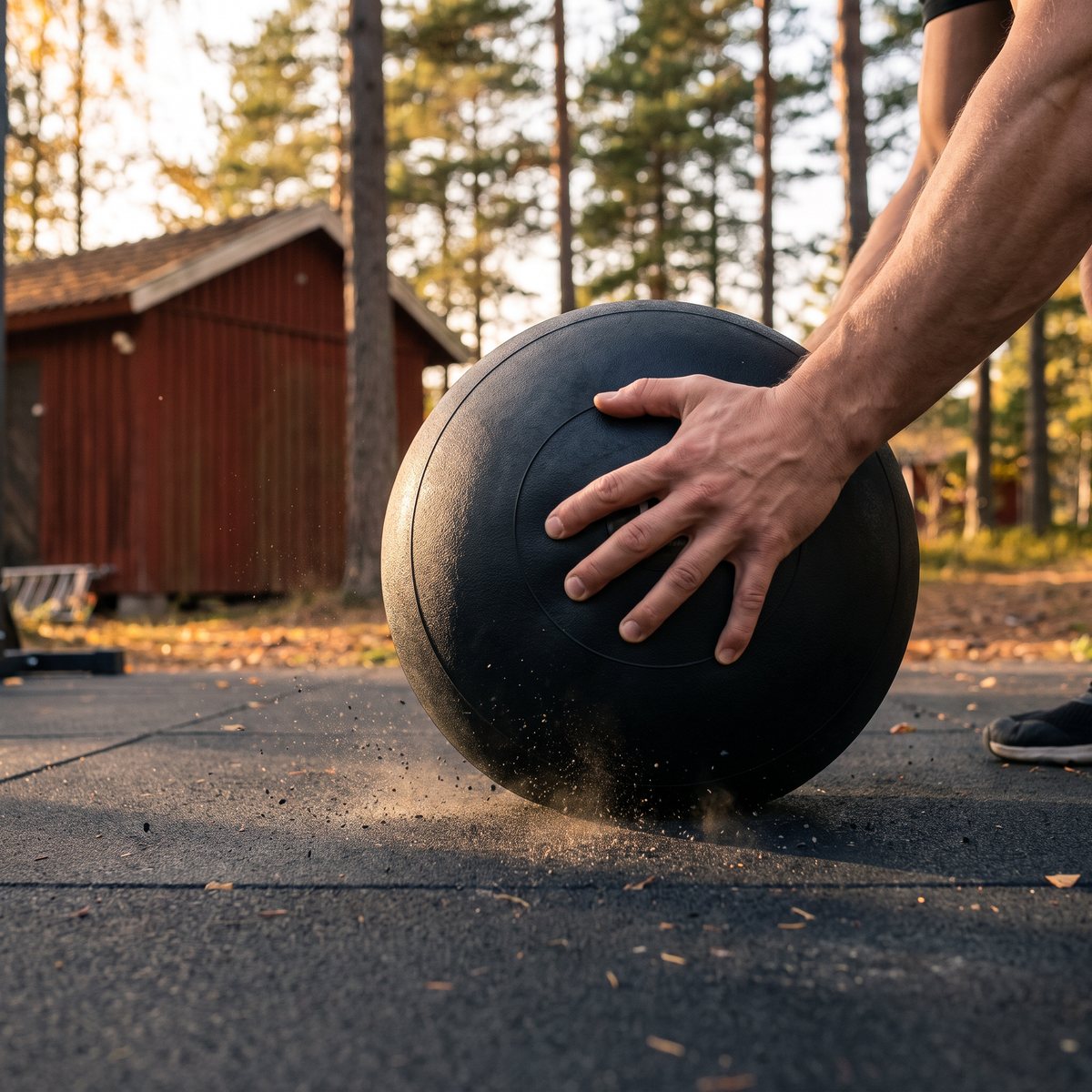 Svart slamball med slät yta på gummigolv utomhus intill en röd stuga och tallar i svensk höst