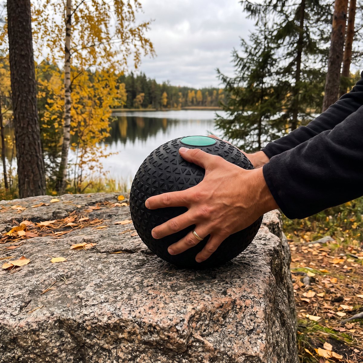 Svart slamball med litet triangelmönster och grön platta vilar på en granitklippa vid en svensk sjö på hösten