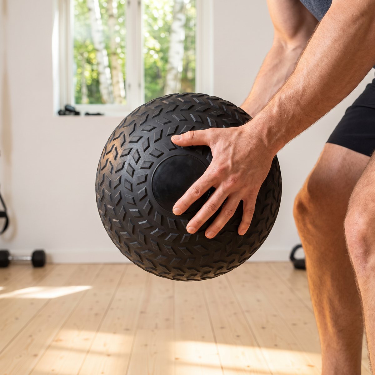 Svart slamball med pilmönstrat slitbanemönster hålls med båda händerna i ett svenskt hemmagym med ljust trägolv och björkar utanför fönstret
