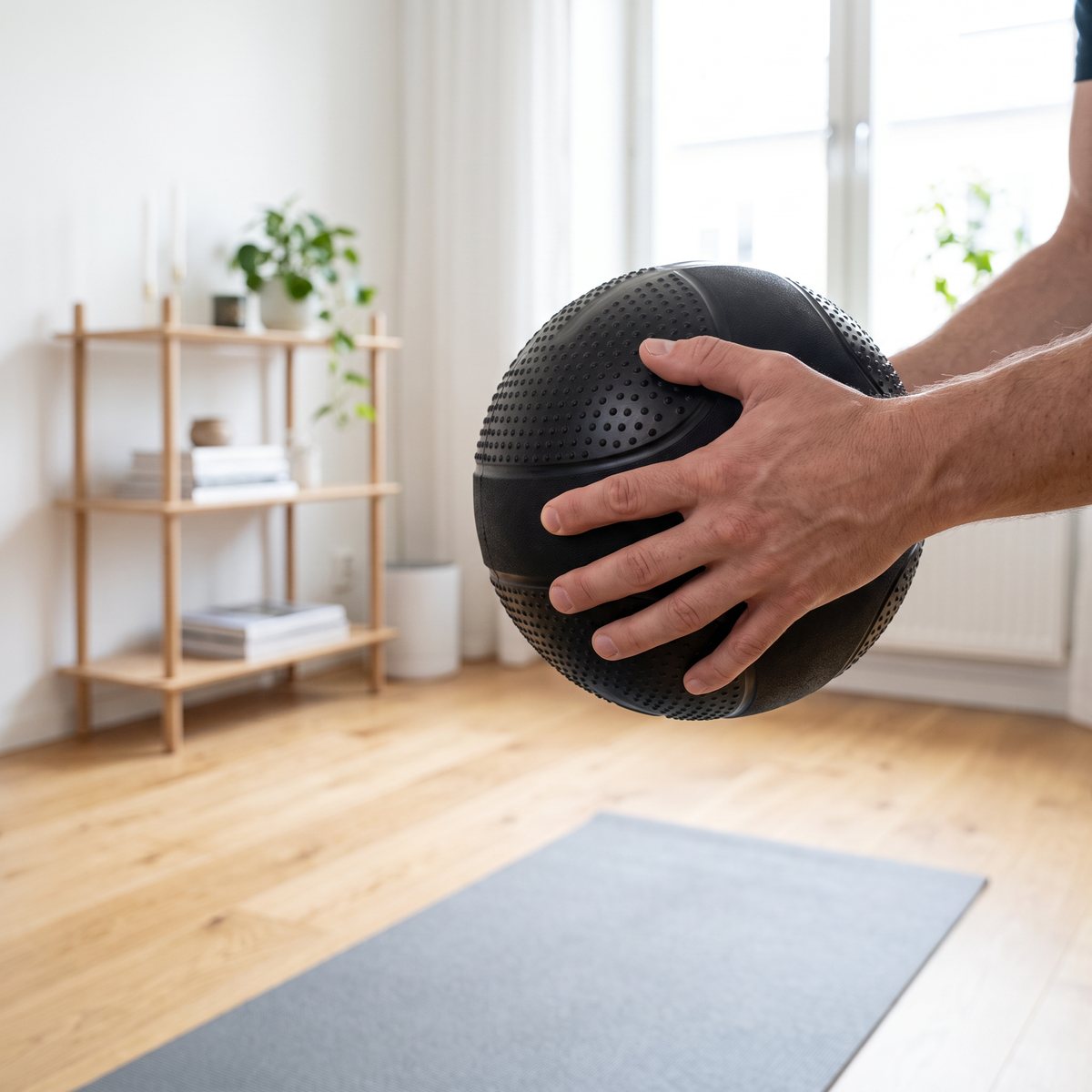 Svart slamball med knottrig greppyta hålls i ett ljust svenskt vardagsrum med ekgolv och yogamatta