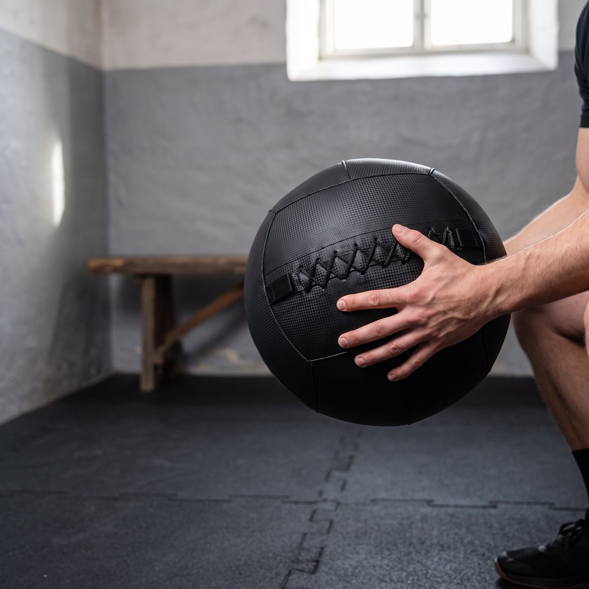 Helsvart wall ball med strukturerad yta hålls i en djup knäböj i ett svenskt källargym med gummimattor