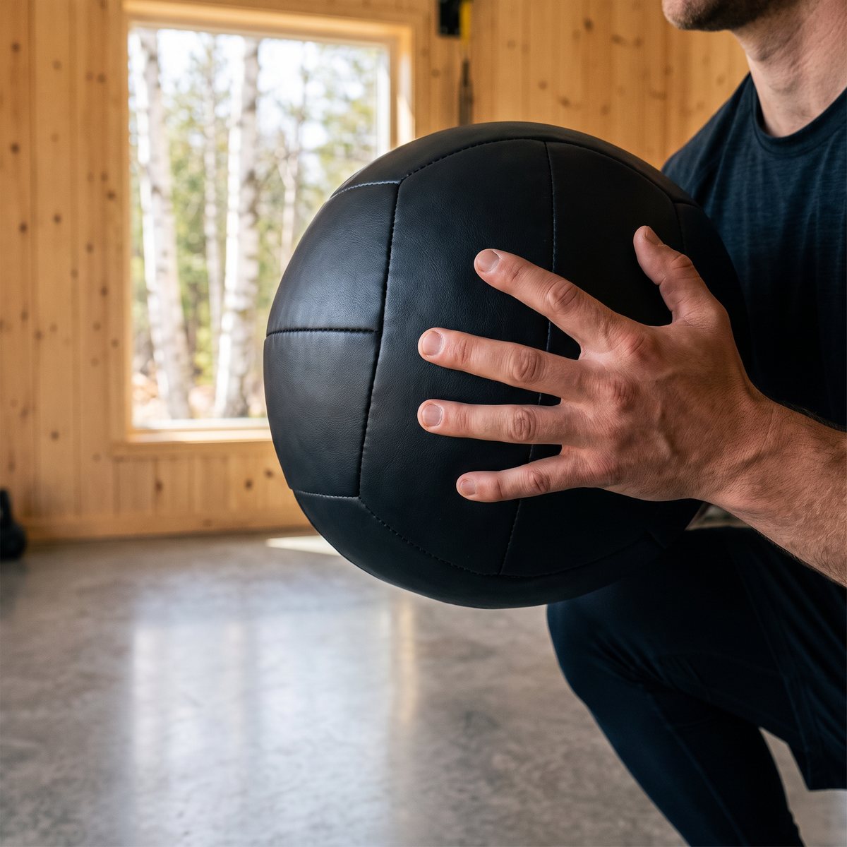 Svart wall ball i konstläder hålls i en knäböj i ett ljust svenskt garagegym med björkar utanför fönstret