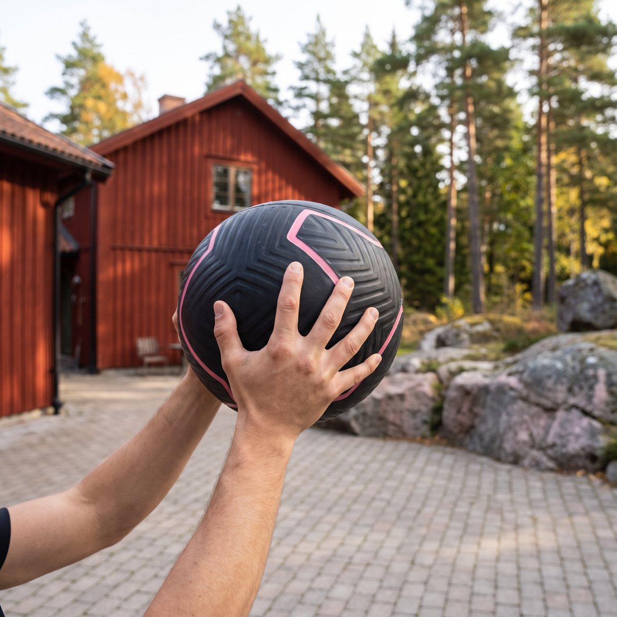 Svart gummiboll med rosa mönster hålls över huvudet på en gårdsplan vid ett rött trähus med tallar och granit