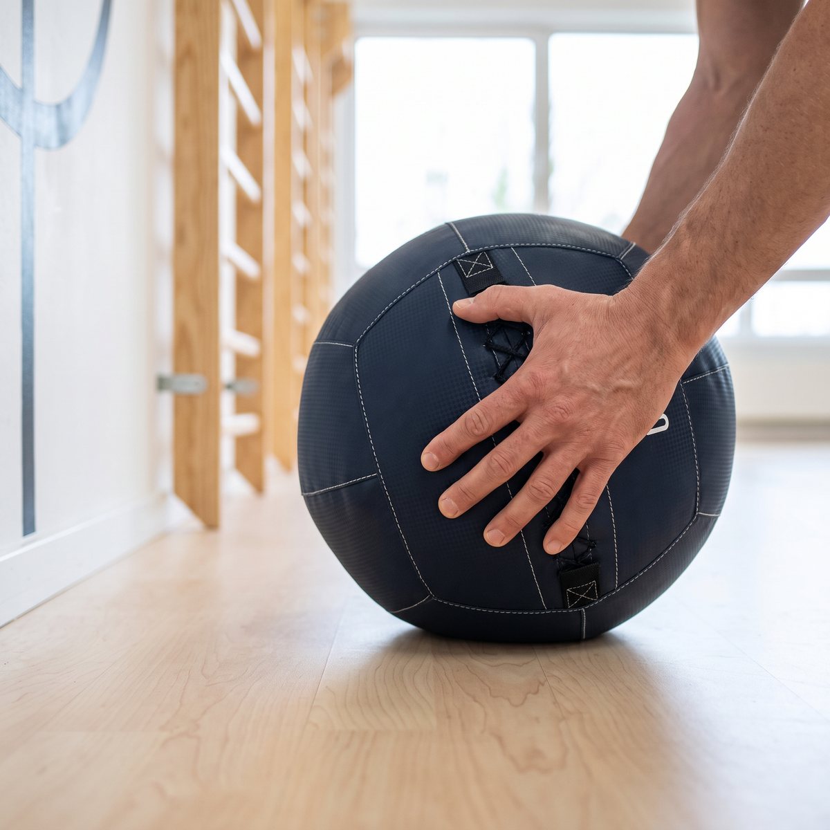 Marinblå wall ball med vita sömmar lyfts från golvet i en svensk gymnastiksal med ribbstolar
