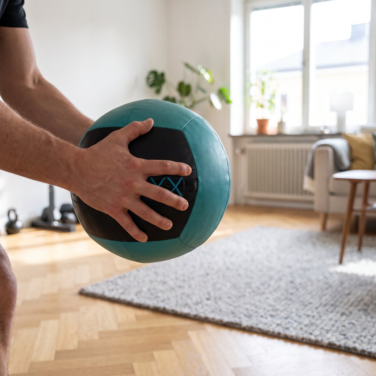 Tvåfärgad wall ball i konstläder hålls i en utfallsrörelse i ett ljust svenskt vardagsrum med parkettgolv