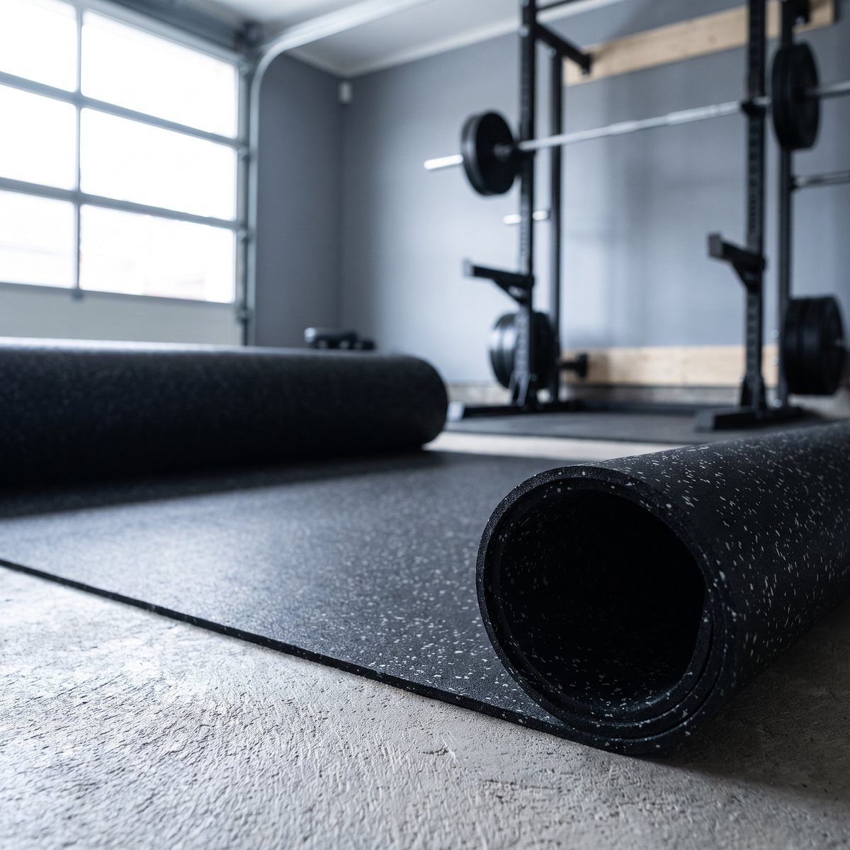 Everroll gymmatta i rulle utrullad på betonggolv i ett svenskt garagegym