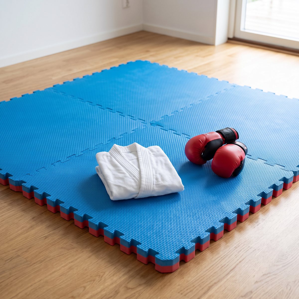 Blå och röd EVA-pusselmatta från Master Fitness på trägolv i ett svenskt hem
