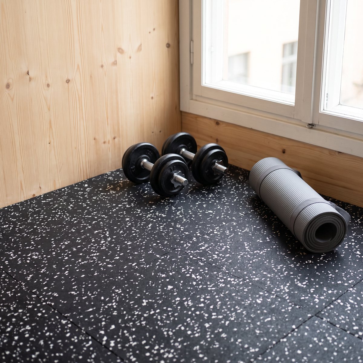 Prickigt svart gummigolv från Master Fitness med hantlar och yogamatta i ett svenskt hemmagym
