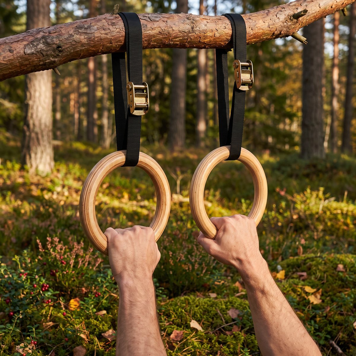Träningsringar i trä med svarta remmar hängda i en tallgren i en svensk skog