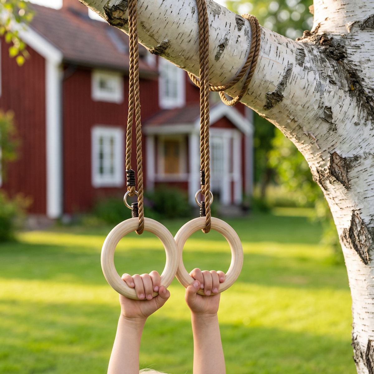 Träringar med rep hängda i en björkgren i en svensk trädgård