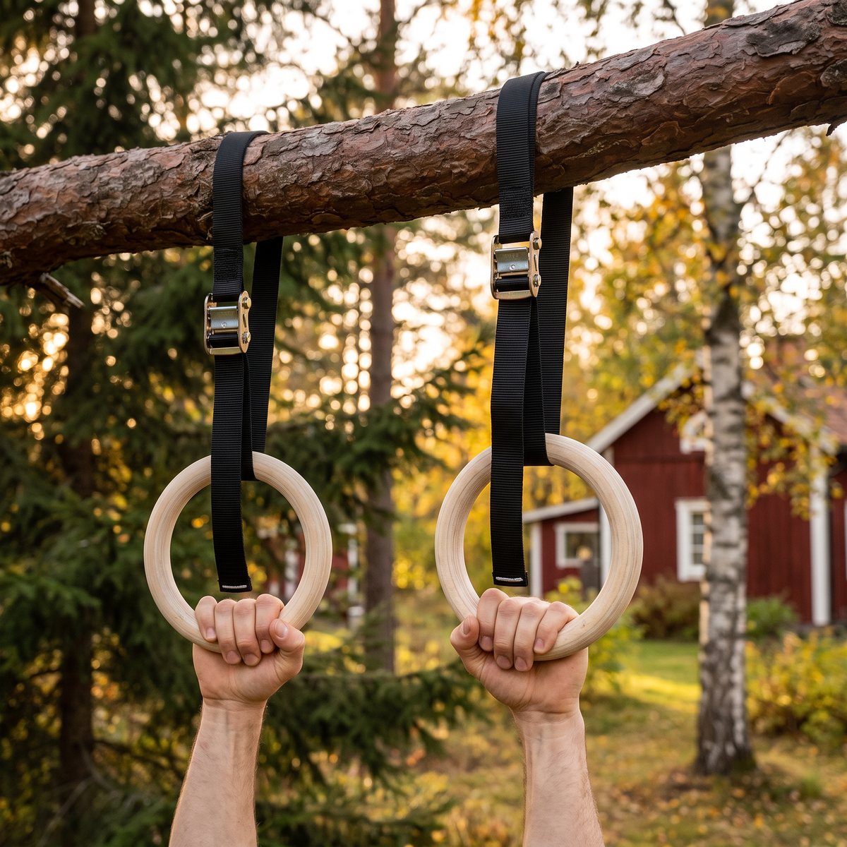 Gymringar i trä upphängda i en tallgren i en svensk trädgård