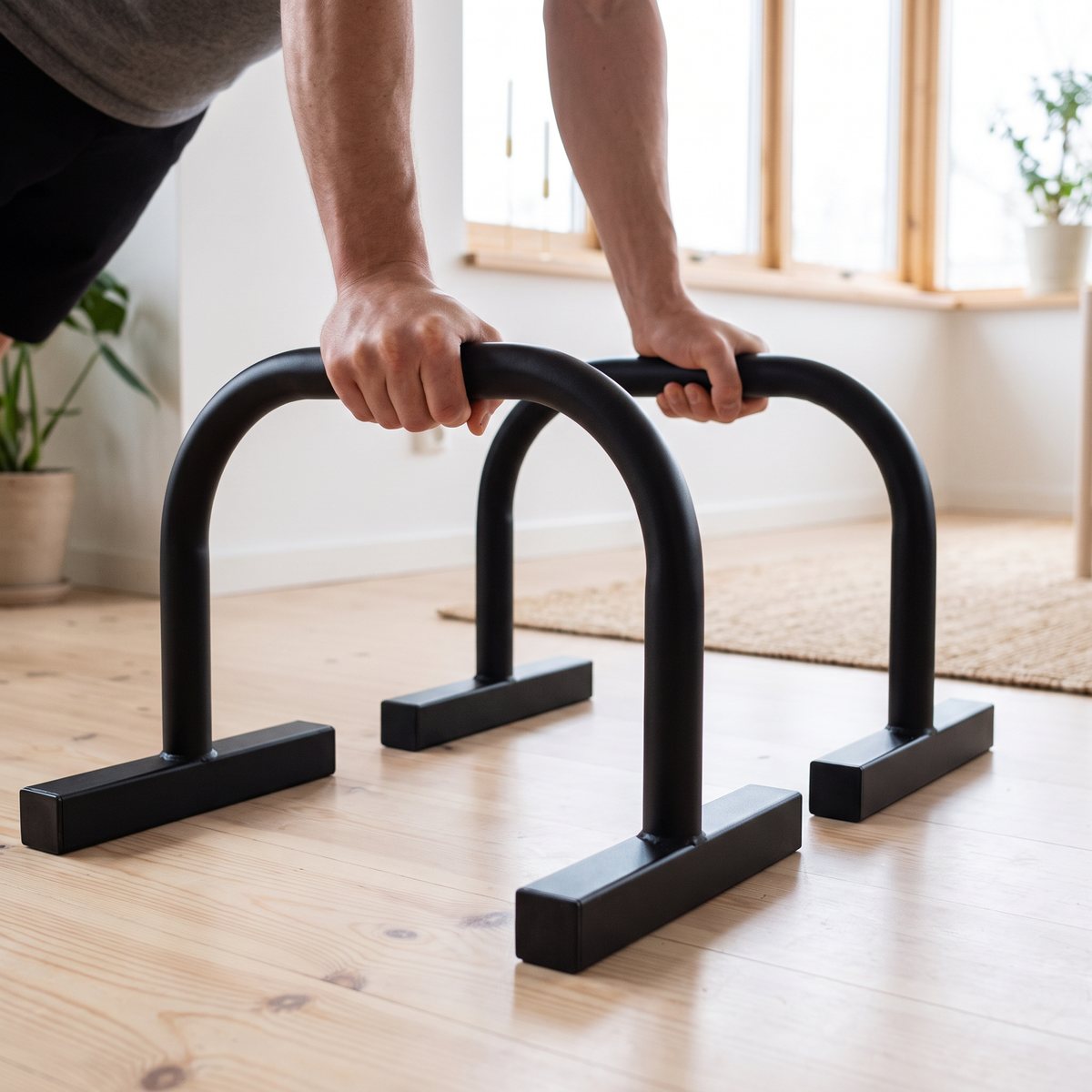 Svarta parallettes från Master Fitness på ett ljust trägolv i ett svenskt vardagsrum, händerna greppar de välvda stängerna vid armhävningar