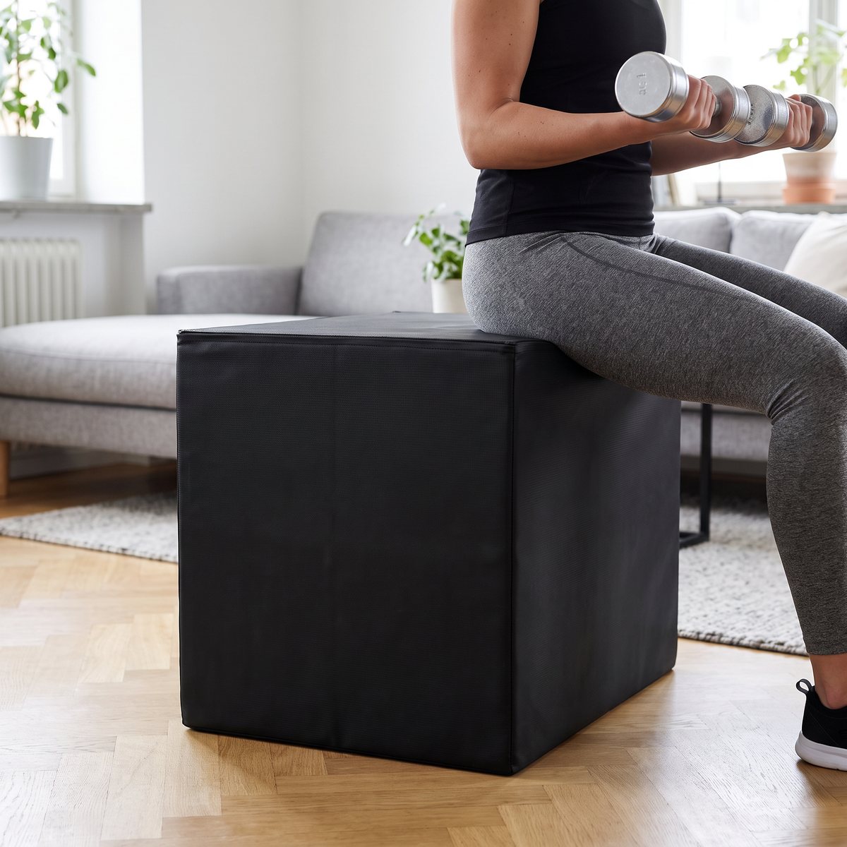 Master Fitness Nero Soft Plyo, svart mjuk plyobox, använd som sittpall vid hantelträning i ett svenskt vardagsrum