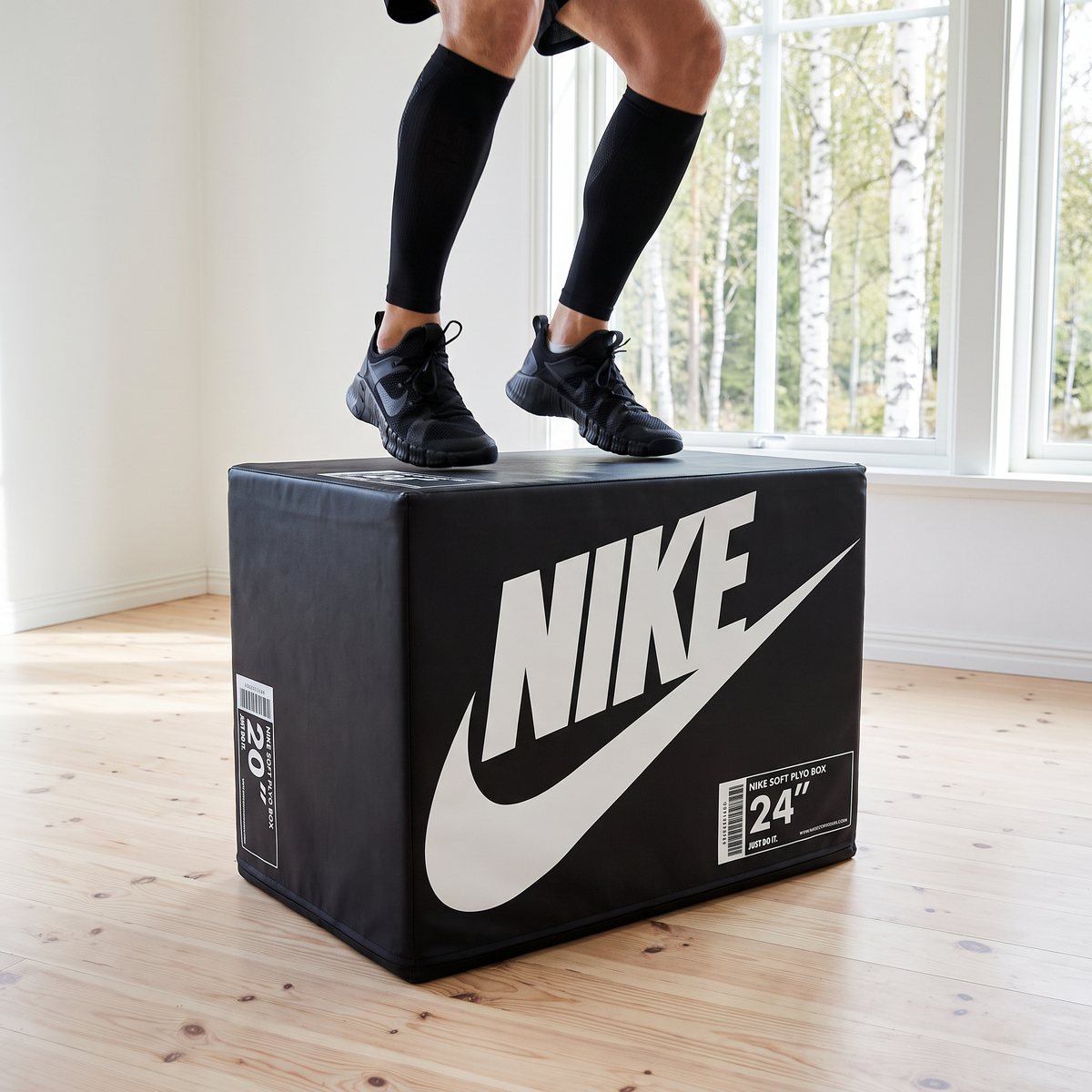 Nike Strength Soft Plyo Box, svart mjuk plyobox, under ett boxhopp i ett ljust svenskt hemmagym med furugolv