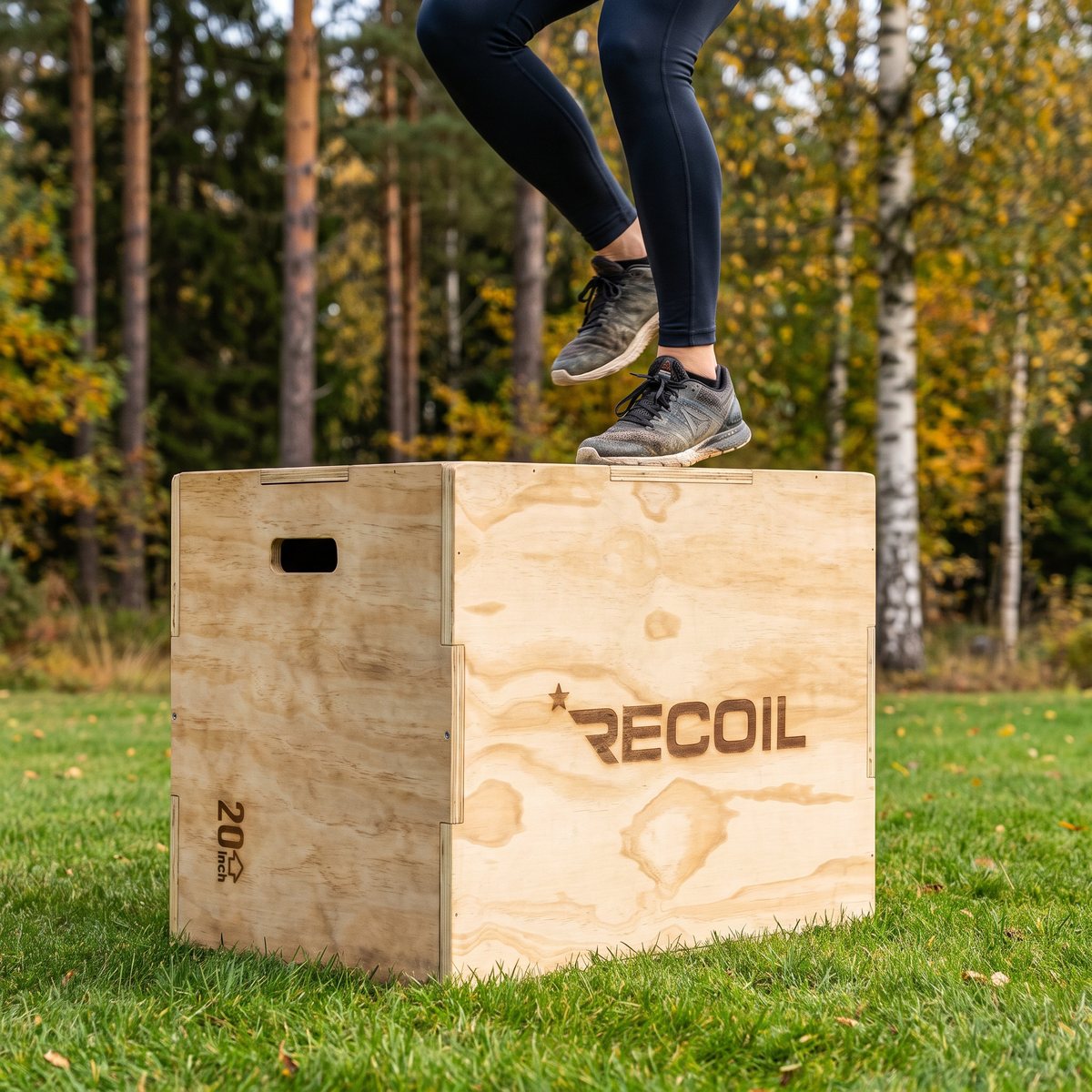 Recoil Plyobox i trä, vid uppsteg på en gräsmatta i en svensk trädgård