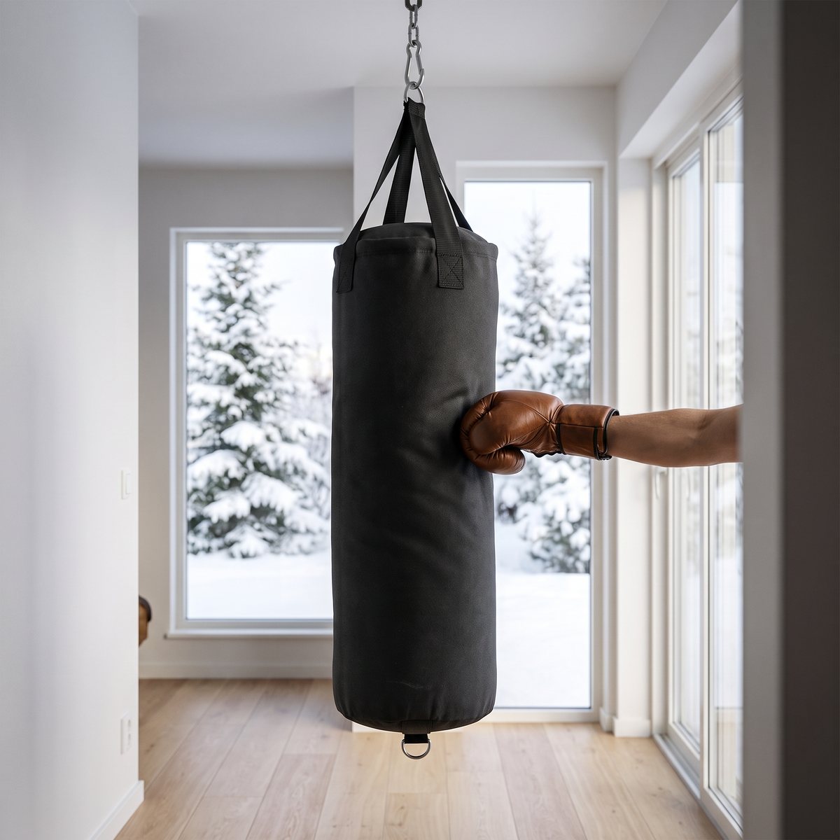 Svart boxningssäck i polycanvas som hänger i en ljus svensk hall med snötäckta granar utanför fönstret