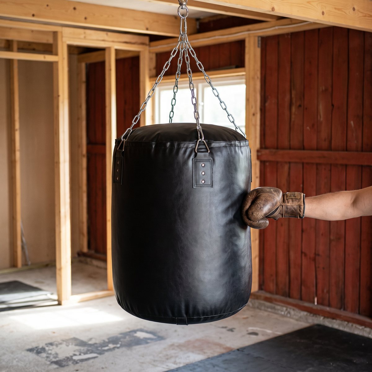 Svart boxningssäck i konstläder på kedjor som träffas av en boxningshandske i ett svenskt garagegym med röda träväggar