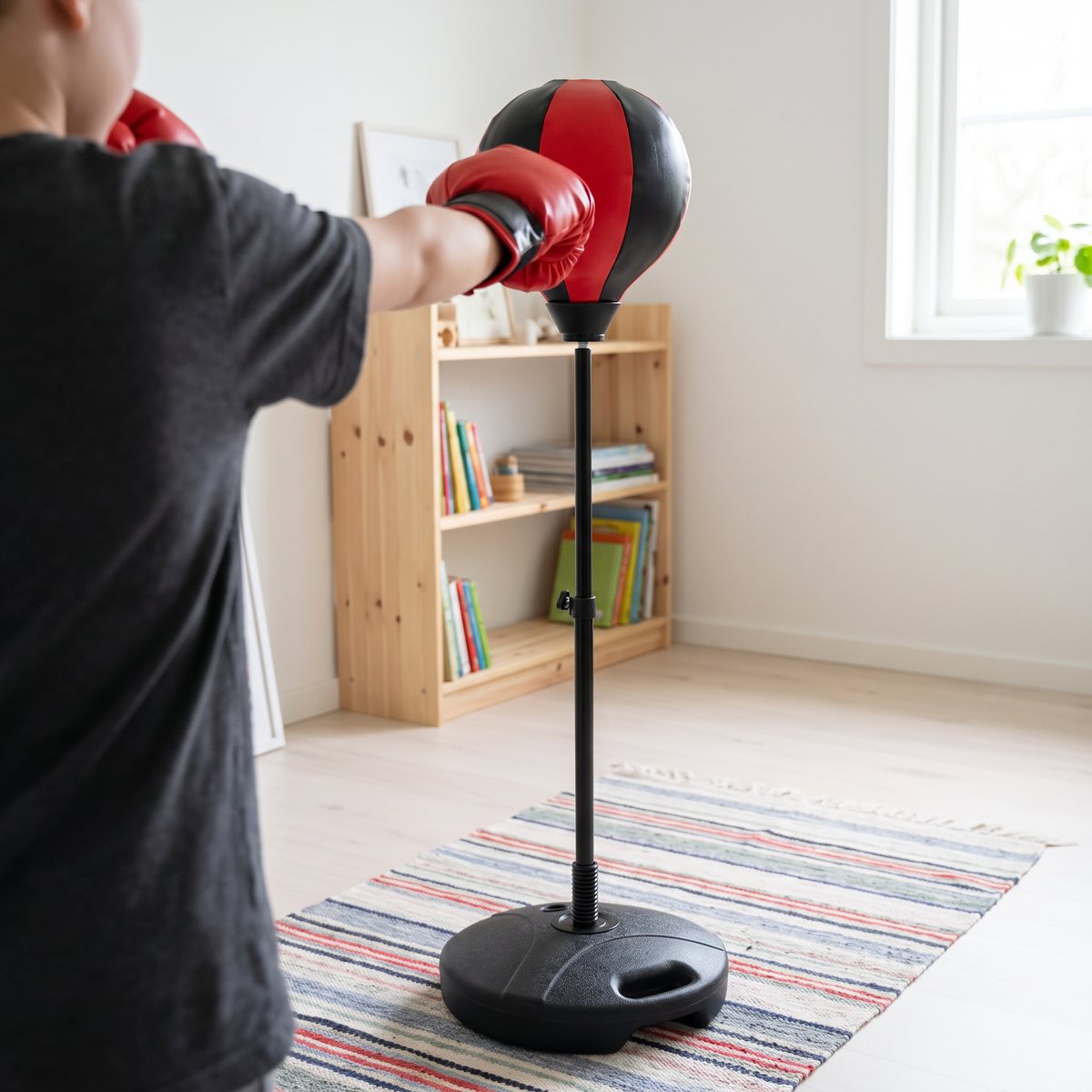 Barn i röda boxhandskar slår på vidaXL boxboll på stång i ett svenskt barnrum med furuhylla och trasmatta