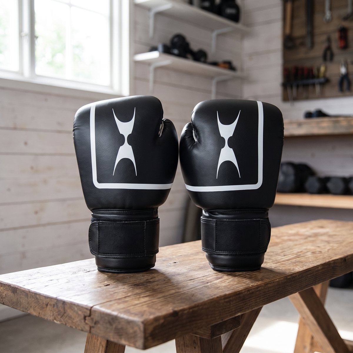 Svarta Hammer-boxningshandskar med vit ram och vit X-symbol på en träbänk i ett svenskt garagegym