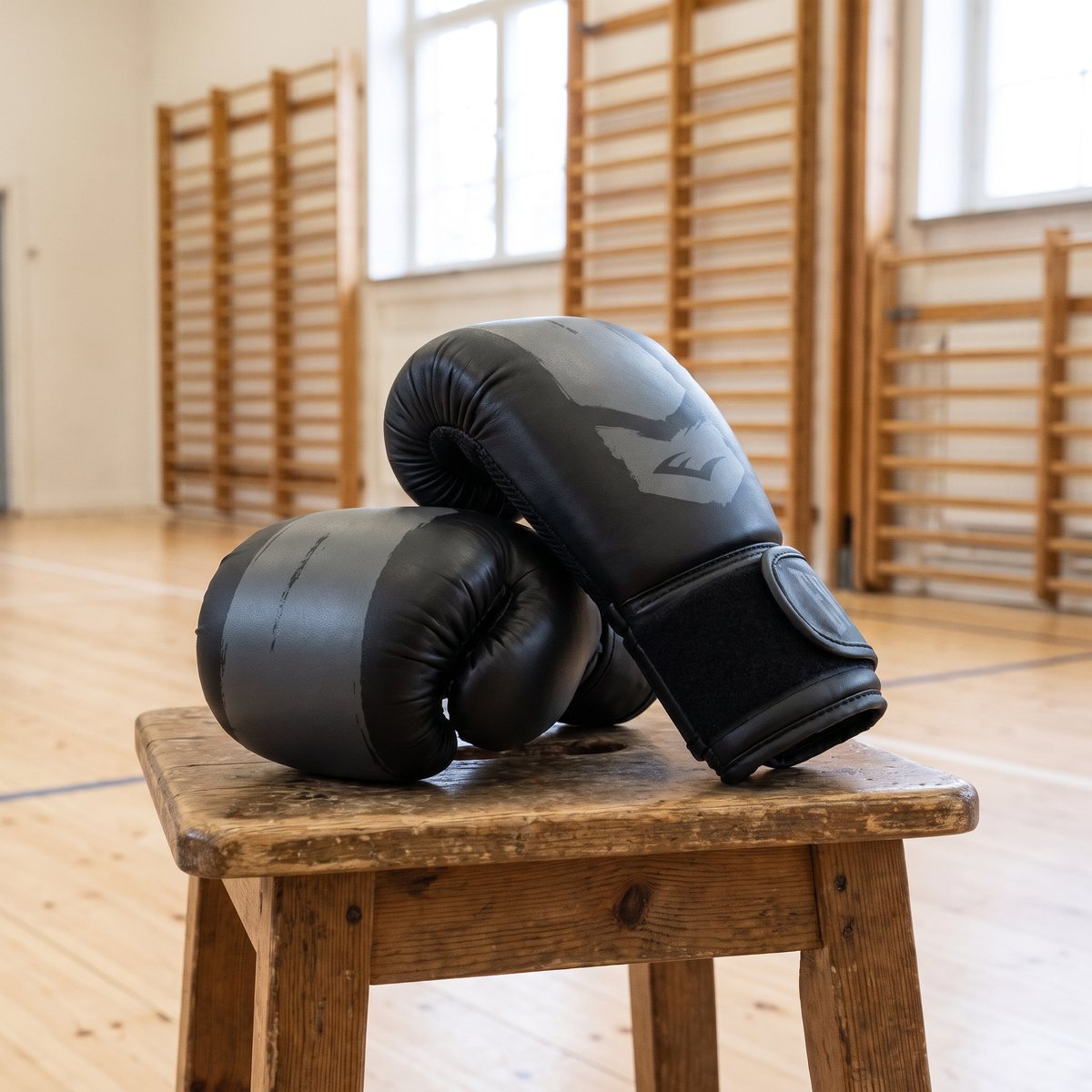 Svarta Everlast Prospect 2 Junior-boxningshandskar på en träpall i en svensk idrottshall med ribbstolar