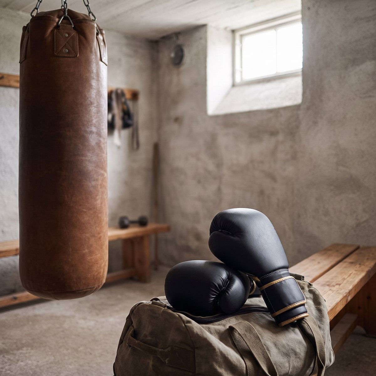 Svarta Reebok-boxningshandskar med guldfärgade detaljer på en träningsväska i ett svenskt källargym