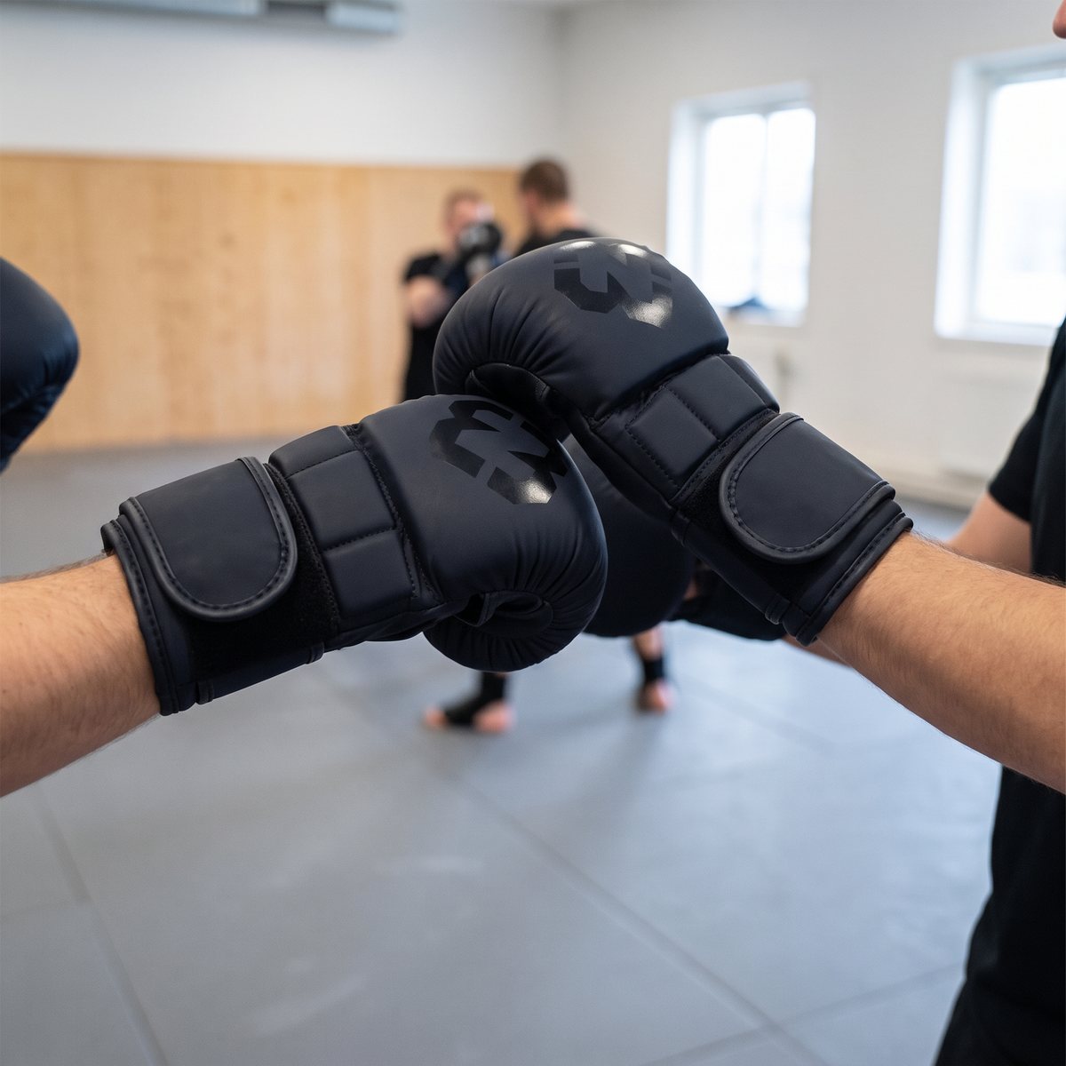 Mörka MMA-sparringhandskar under sparringövning på mattor i en svensk klubblokal
