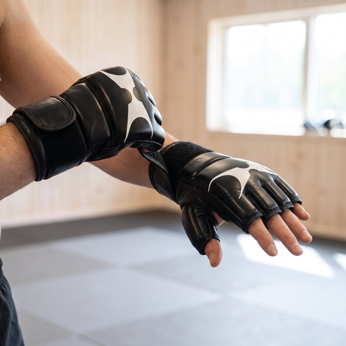 Svarta öppna MMA-handskar i läder med grafiskt mönster på handryggen i en svensk klubblokal