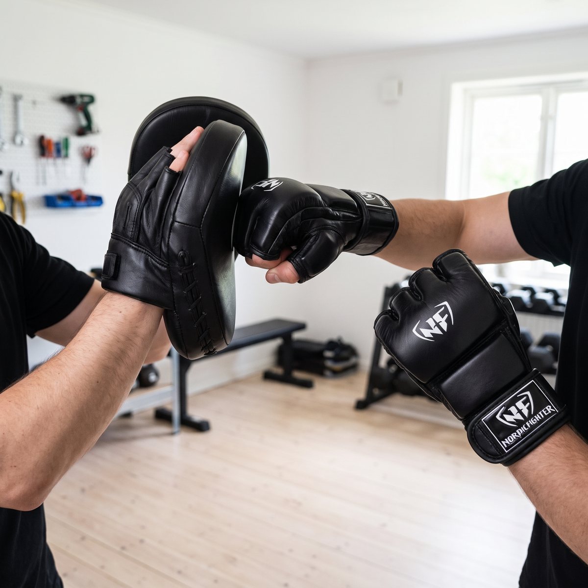 Svarta MMA-tävlingshandskar i läder som används mot träningsdynor i ett svenskt hemmagym