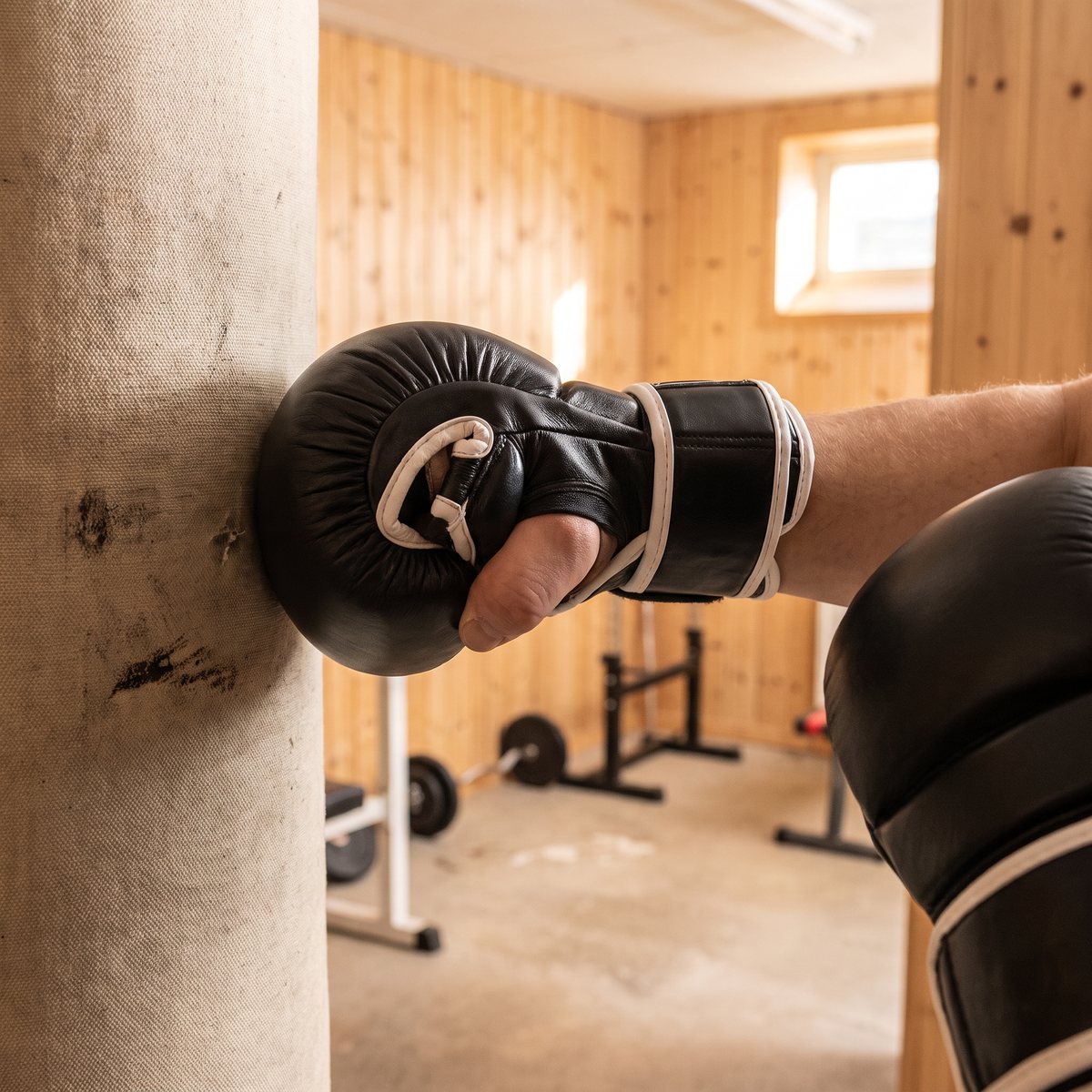 Svarta MMA-sparringhandskar i läder som används mot en tung säck i ett svenskt källargym